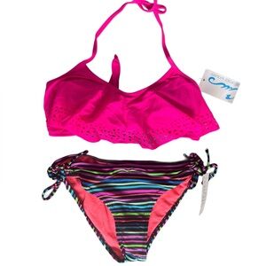 California Waves 2 Piece Swimsuit Pink Top, Rainbow Striped Bikini Bottom, Sz M